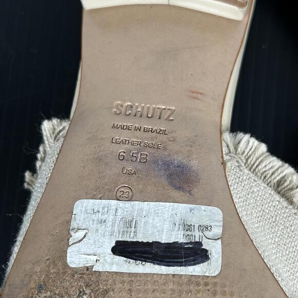 Schutz size 6.5 B Beige Frayed Mules Gold‎ tan canvas Buckle Womens - Picture 4 of 13